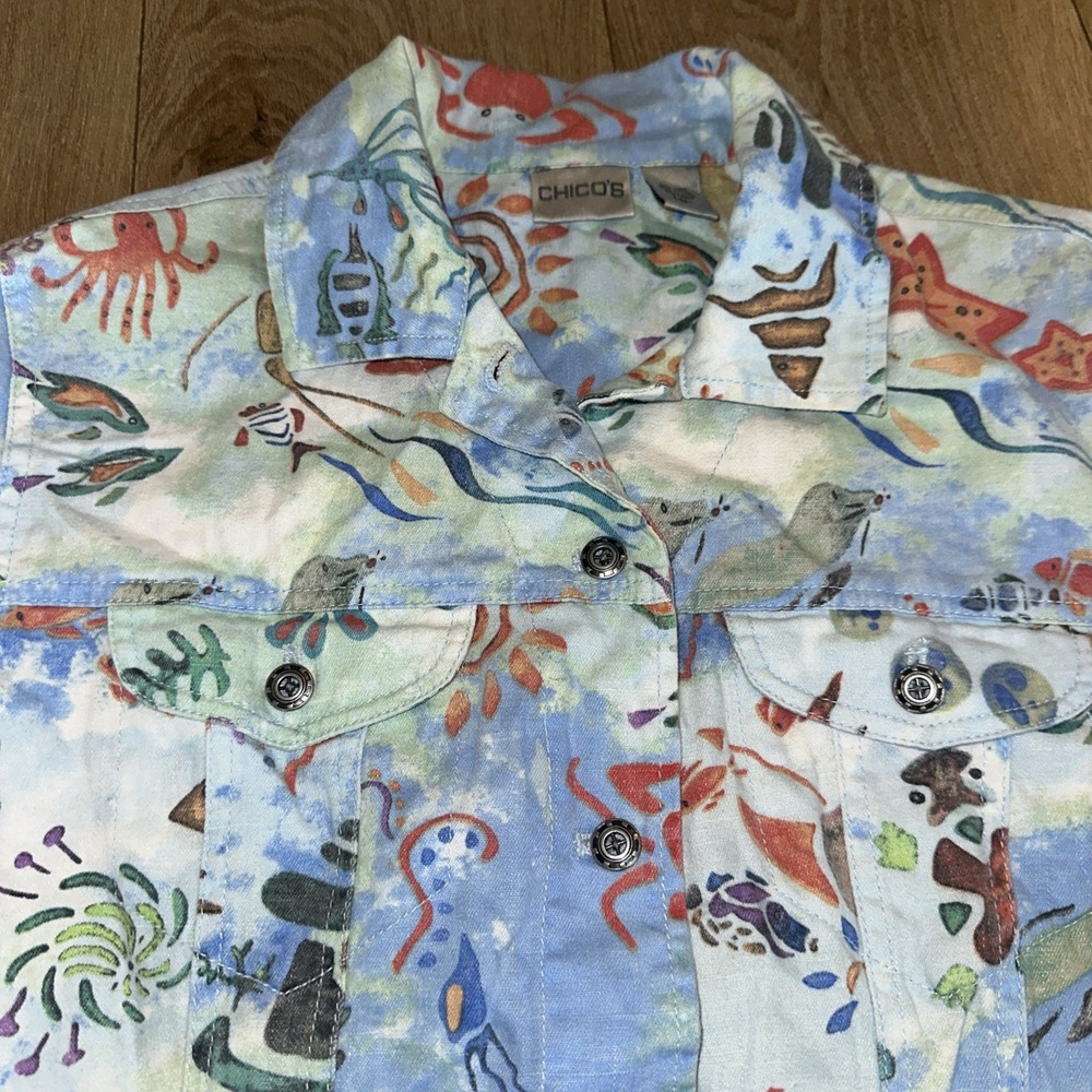 Chico's Top Jacket Whimsical Sea Life Nautical Print Blue Linen Cotton Woman's 1 - Picture 2 of 6